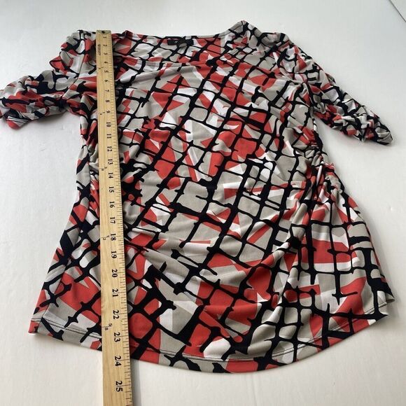Alfani Blouse Womens M Black Red Geometric Print Short Ruched Sleeve Stretch - Picture 5 of 12